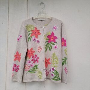 David Brooks cardigan sweater  linen blend tan floral embroidered cottagecore